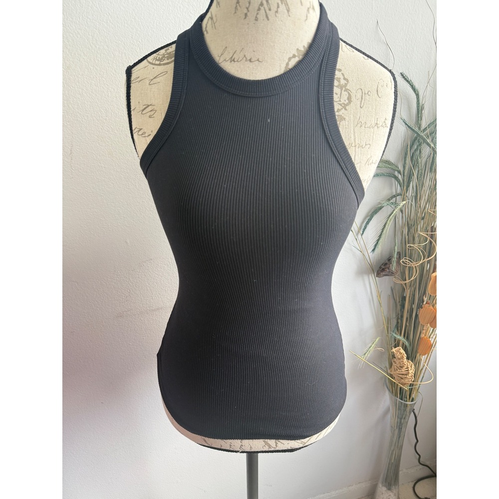 Babaton Womens XS Black Ribbed Knit High Neck Racerback Tank Top Slim Fit